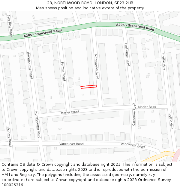 28, NORTHWOOD ROAD, LONDON, SE23 2HR: Location map and indicative extent of plot