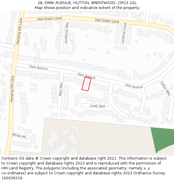 28, PARK AVENUE, HUTTON, BRENTWOOD, CM13 2QL: Location map and indicative extent of plot