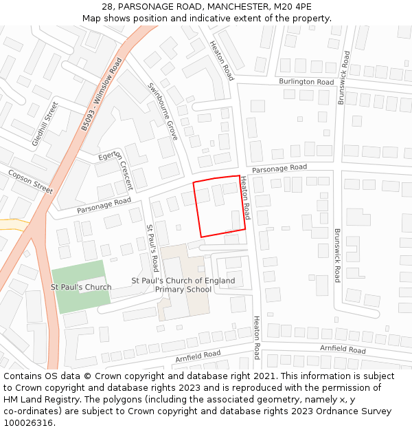 28, PARSONAGE ROAD, MANCHESTER, M20 4PE: Location map and indicative extent of plot