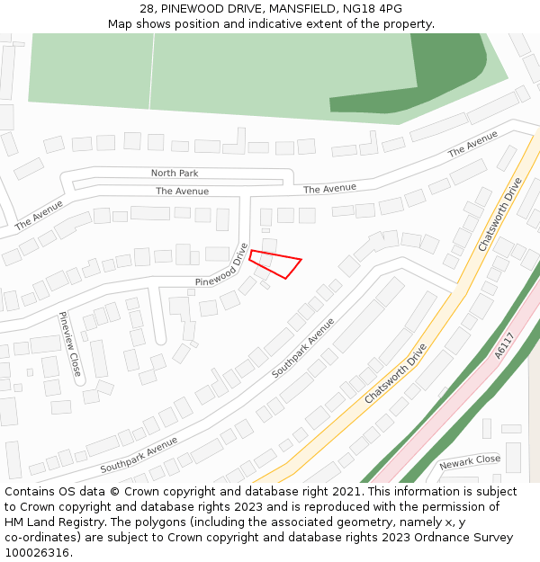 28, PINEWOOD DRIVE, MANSFIELD, NG18 4PG: Location map and indicative extent of plot