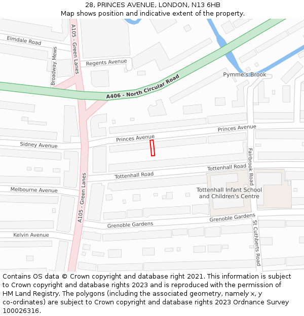 28, PRINCES AVENUE, LONDON, N13 6HB: Location map and indicative extent of plot