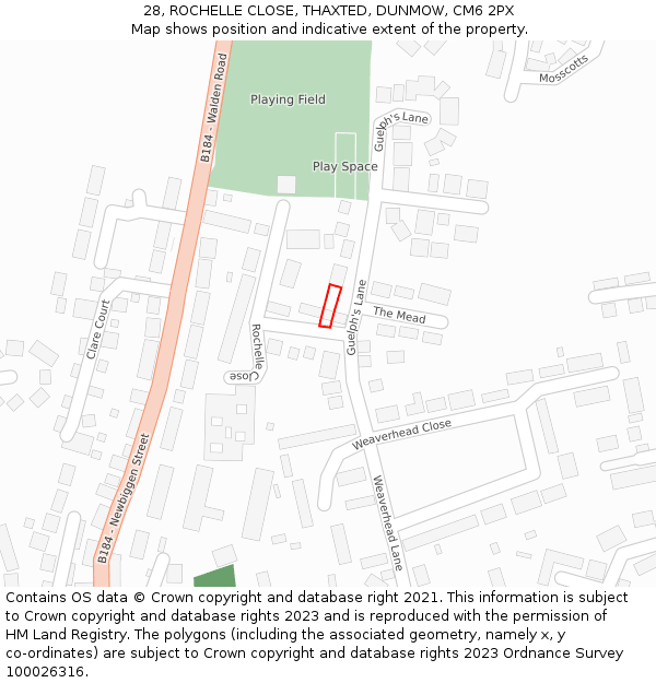 28, ROCHELLE CLOSE, THAXTED, DUNMOW, CM6 2PX: Location map and indicative extent of plot