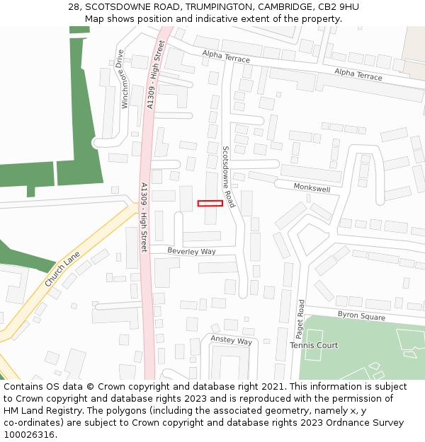 28, SCOTSDOWNE ROAD, TRUMPINGTON, CAMBRIDGE, CB2 9HU: Location map and indicative extent of plot