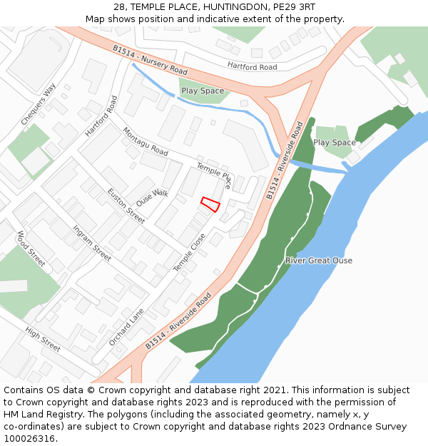 28, TEMPLE PLACE, HUNTINGDON, PE29 3RT: Location map and indicative extent of plot