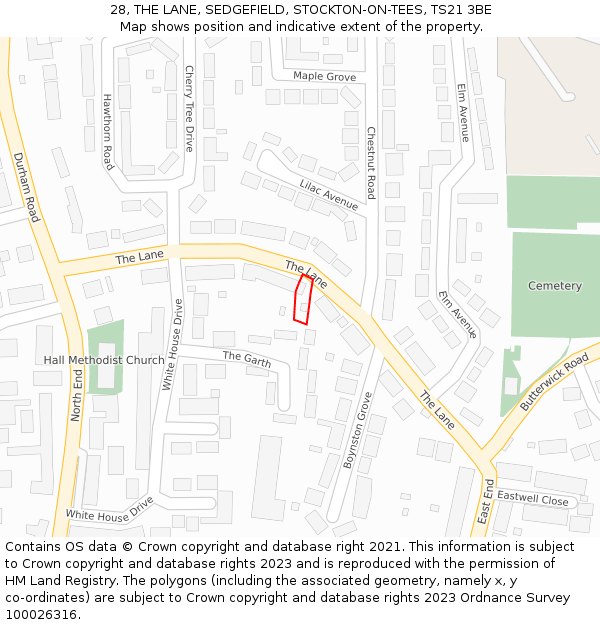 28, THE LANE, SEDGEFIELD, STOCKTON-ON-TEES, TS21 3BE: Location map and indicative extent of plot