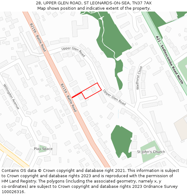 28, UPPER GLEN ROAD, ST LEONARDS-ON-SEA, TN37 7AX: Location map and indicative extent of plot