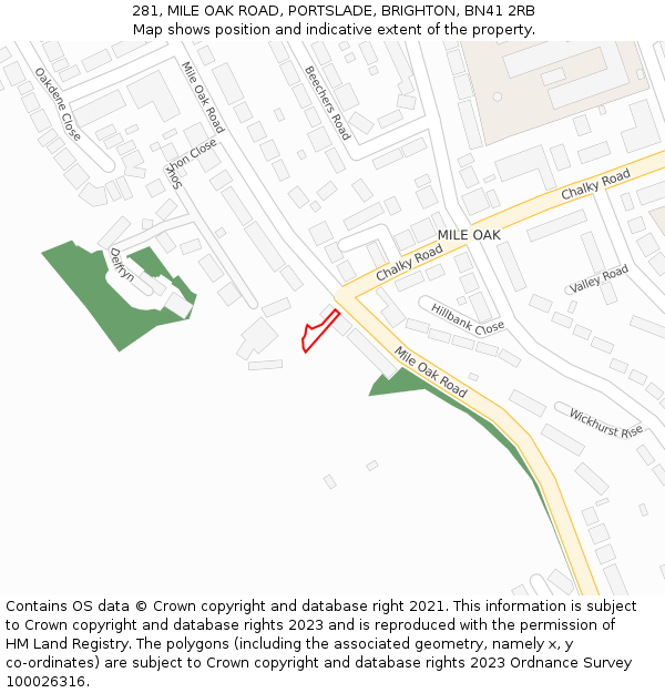281, MILE OAK ROAD, PORTSLADE, BRIGHTON, BN41 2RB: Location map and indicative extent of plot