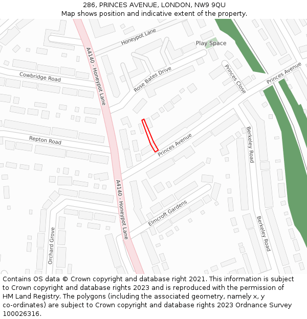 286, PRINCES AVENUE, LONDON, NW9 9QU: Location map and indicative extent of plot