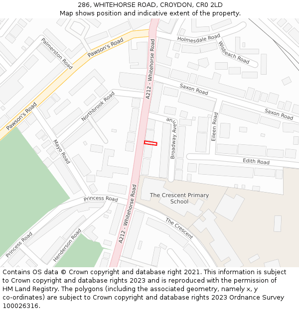 286, WHITEHORSE ROAD, CROYDON, CR0 2LD: Location map and indicative extent of plot