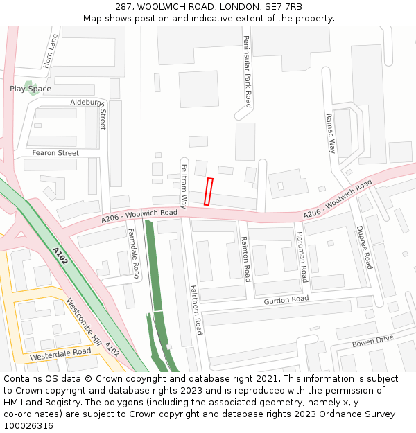 287, WOOLWICH ROAD, LONDON, SE7 7RB: Location map and indicative extent of plot