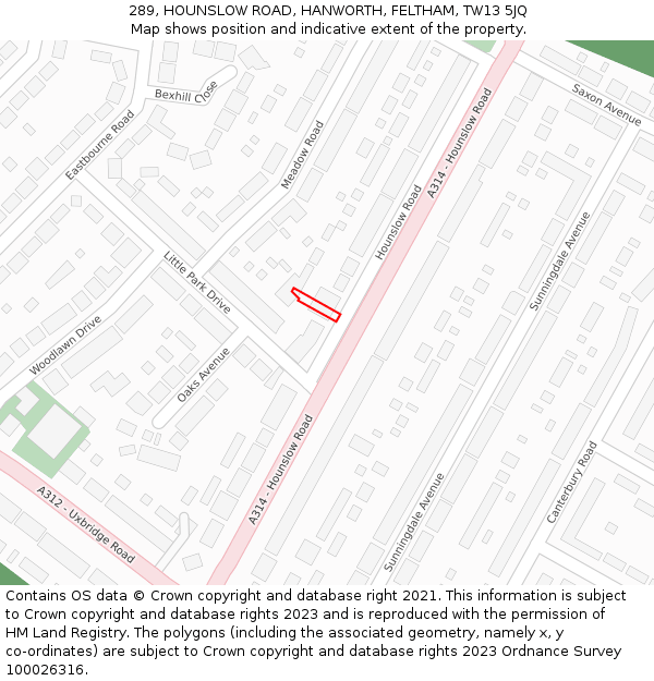 289, HOUNSLOW ROAD, HANWORTH, FELTHAM, TW13 5JQ: Location map and indicative extent of plot
