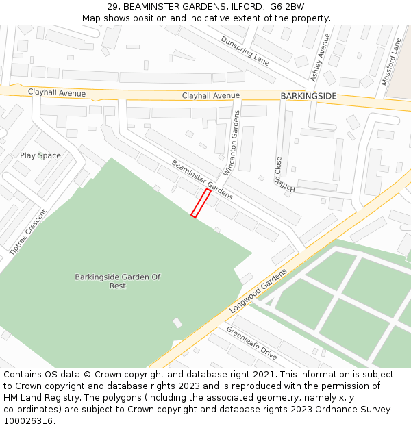 29, BEAMINSTER GARDENS, ILFORD, IG6 2BW: Location map and indicative extent of plot