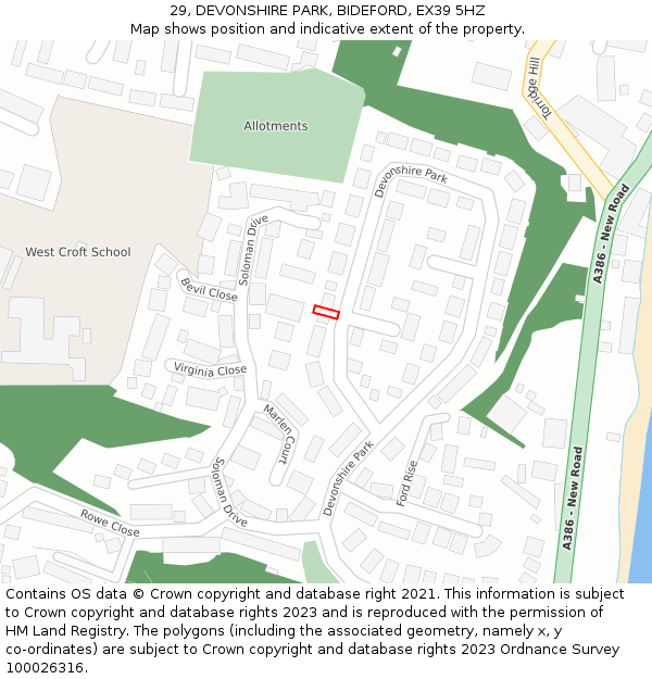 29, DEVONSHIRE PARK, BIDEFORD, EX39 5HZ: Location map and indicative extent of plot
