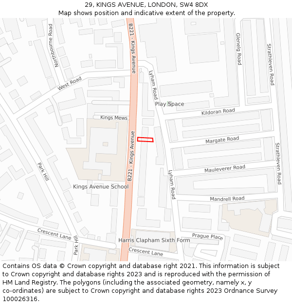 29, KINGS AVENUE, LONDON, SW4 8DX: Location map and indicative extent of plot