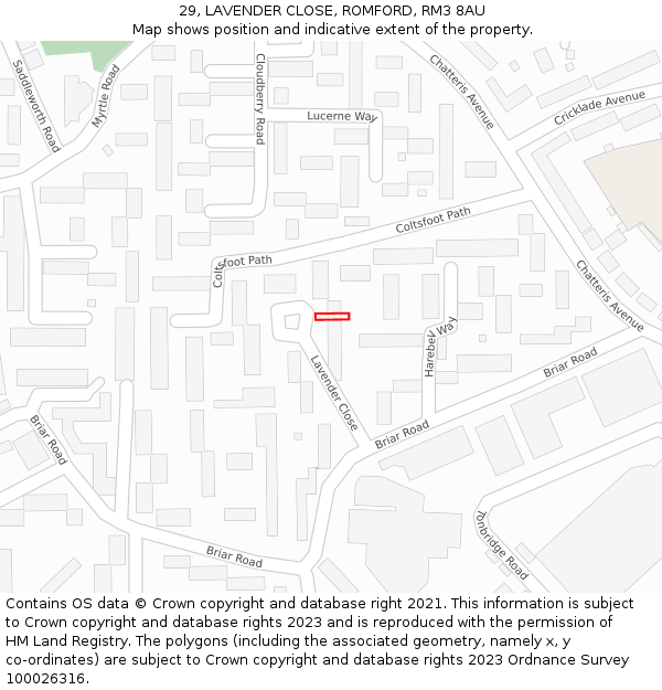 29, LAVENDER CLOSE, ROMFORD, RM3 8AU: Location map and indicative extent of plot