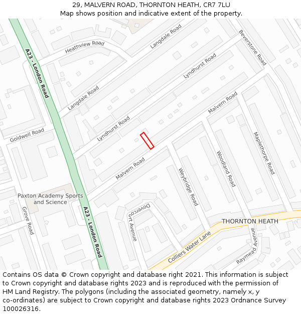 29, MALVERN ROAD, THORNTON HEATH, CR7 7LU: Location map and indicative extent of plot