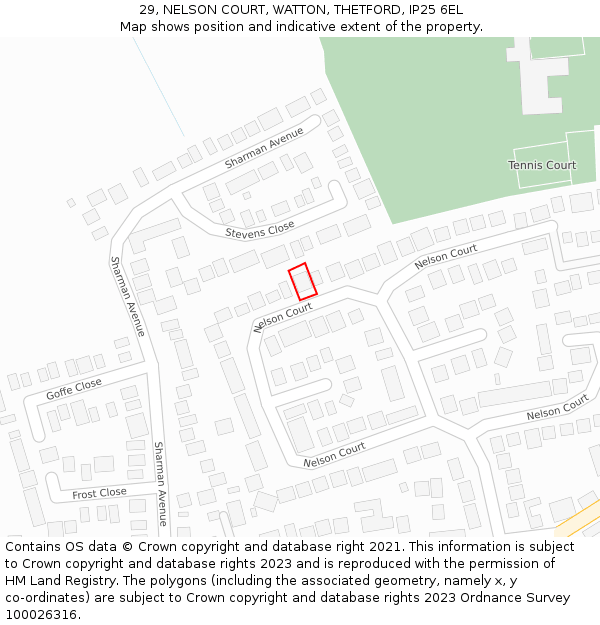 29, NELSON COURT, WATTON, THETFORD, IP25 6EL: Location map and indicative extent of plot