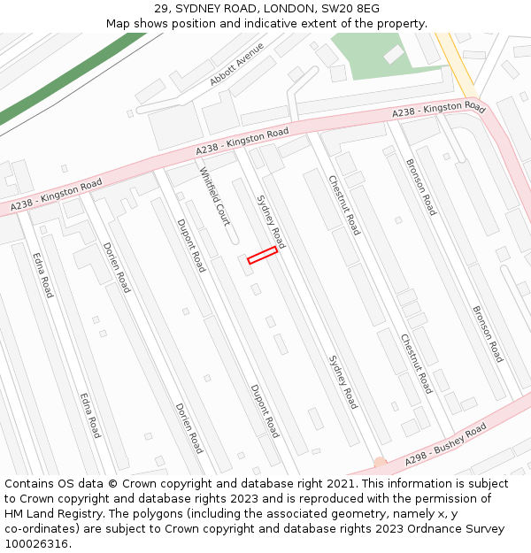 29, SYDNEY ROAD, LONDON, SW20 8EG: Location map and indicative extent of plot