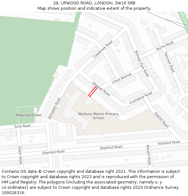 29, UPWOOD ROAD, LONDON, SW16 5RB: Location map and indicative extent of plot