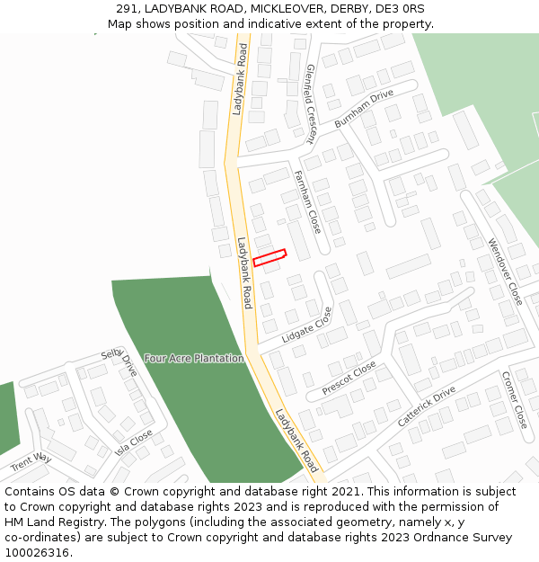 291, LADYBANK ROAD, MICKLEOVER, DERBY, DE3 0RS: Location map and indicative extent of plot
