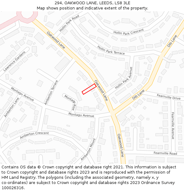 294, OAKWOOD LANE, LEEDS, LS8 3LE: Location map and indicative extent of plot