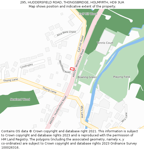 295, HUDDERSFIELD ROAD, THONGSBRIDGE, HOLMFIRTH, HD9 3UA: Location map and indicative extent of plot