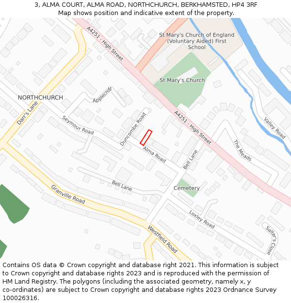 3, ALMA COURT, ALMA ROAD, NORTHCHURCH, BERKHAMSTED, HP4 3RF: Location map and indicative extent of plot