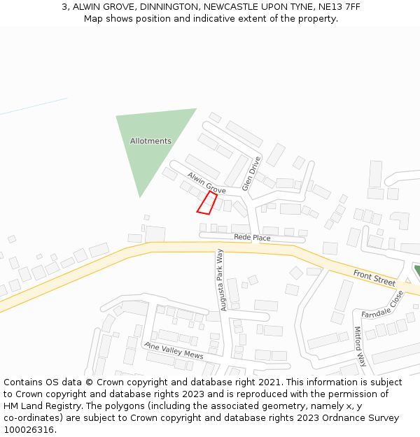 3, ALWIN GROVE, DINNINGTON, NEWCASTLE UPON TYNE, NE13 7FF: Location map and indicative extent of plot