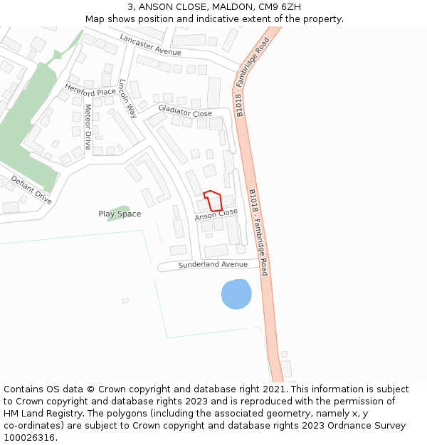 3, ANSON CLOSE, MALDON, CM9 6ZH: Location map and indicative extent of plot