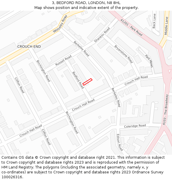 3, BEDFORD ROAD, LONDON, N8 8HL: Location map and indicative extent of plot