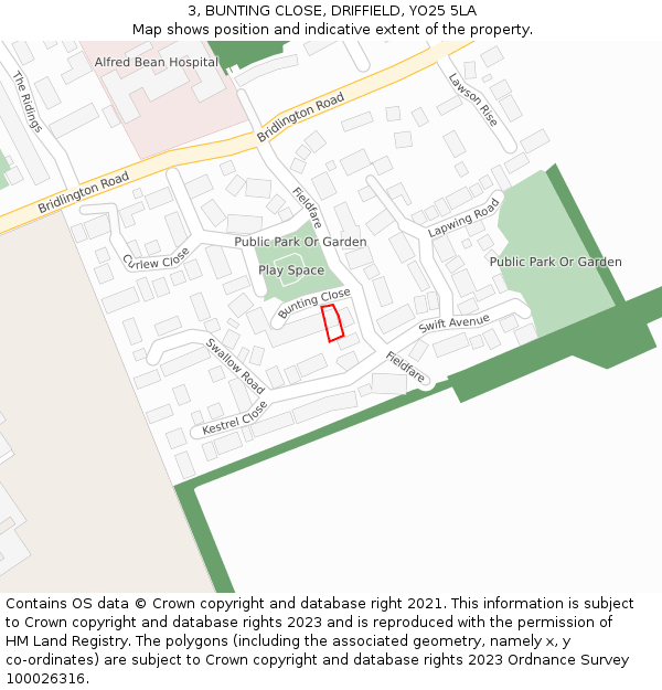 3, BUNTING CLOSE, DRIFFIELD, YO25 5LA: Location map and indicative extent of plot