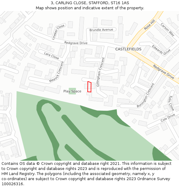 3, CARLING CLOSE, STAFFORD, ST16 1AS: Location map and indicative extent of plot
