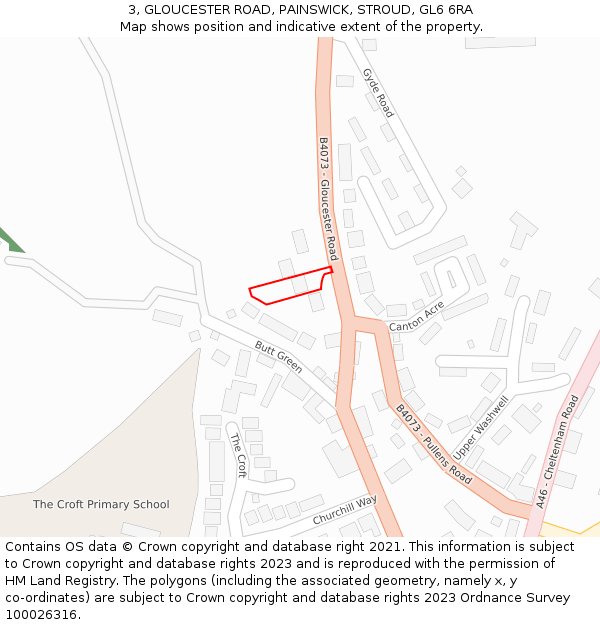 3, GLOUCESTER ROAD, PAINSWICK, STROUD, GL6 6RA: Location map and indicative extent of plot
