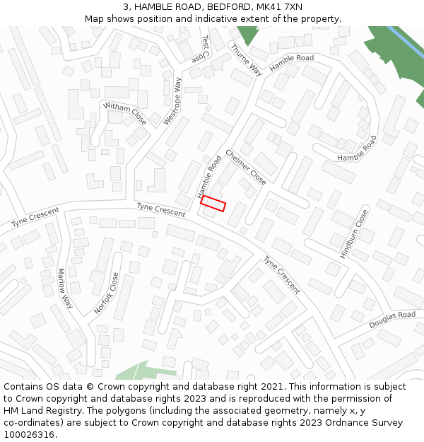 3, HAMBLE ROAD, BEDFORD, MK41 7XN: Location map and indicative extent of plot