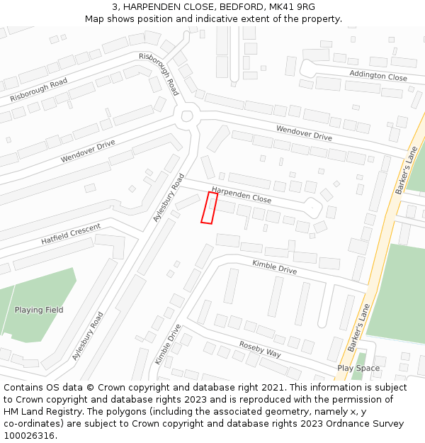 3, HARPENDEN CLOSE, BEDFORD, MK41 9RG: Location map and indicative extent of plot