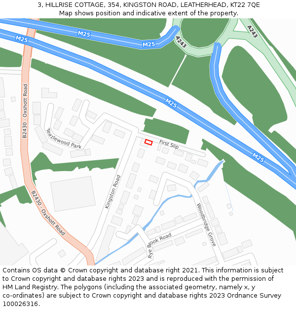 3, HILLRISE COTTAGE, 354, KINGSTON ROAD, LEATHERHEAD, KT22 7QE: Location map and indicative extent of plot
