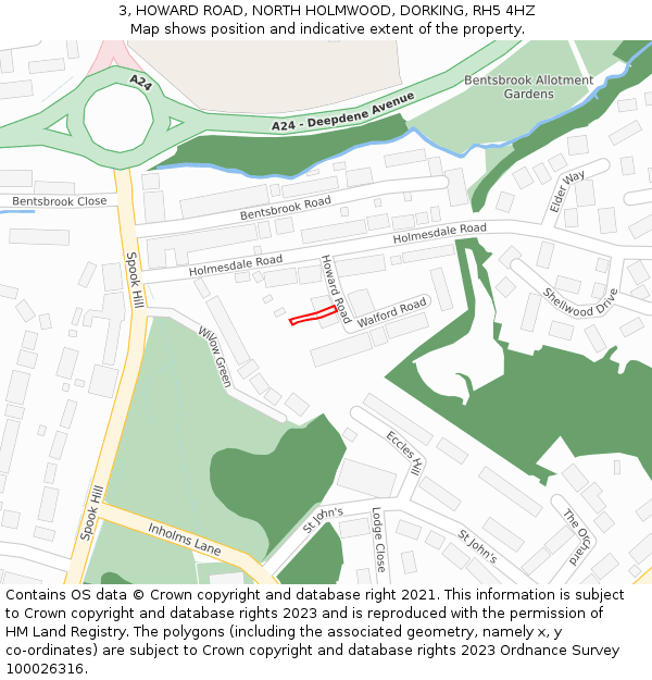 3, HOWARD ROAD, NORTH HOLMWOOD, DORKING, RH5 4HZ: Location map and indicative extent of plot