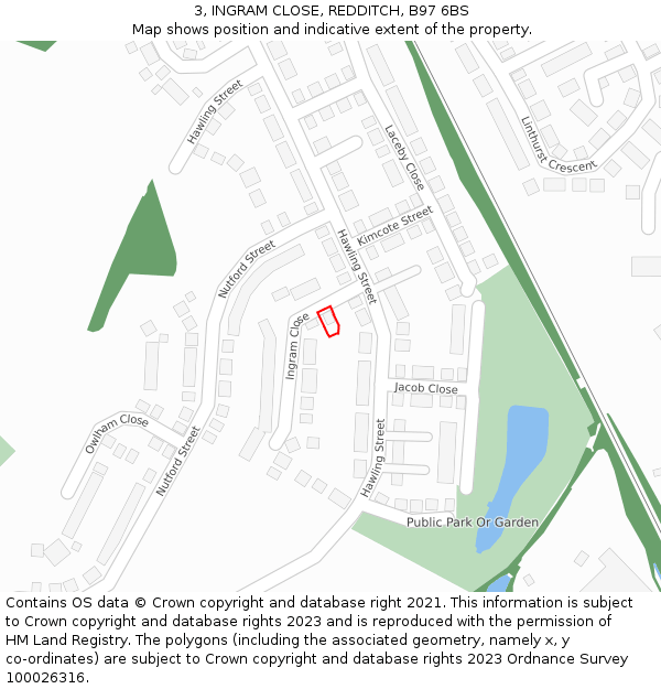 3, INGRAM CLOSE, REDDITCH, B97 6BS: Location map and indicative extent of plot