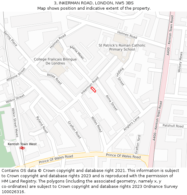 3, INKERMAN ROAD, LONDON, NW5 3BS: Location map and indicative extent of plot