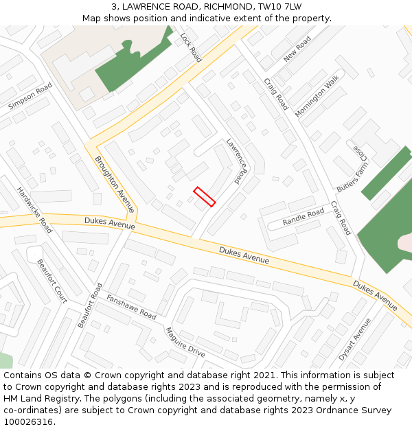 3, LAWRENCE ROAD, RICHMOND, TW10 7LW: Location map and indicative extent of plot