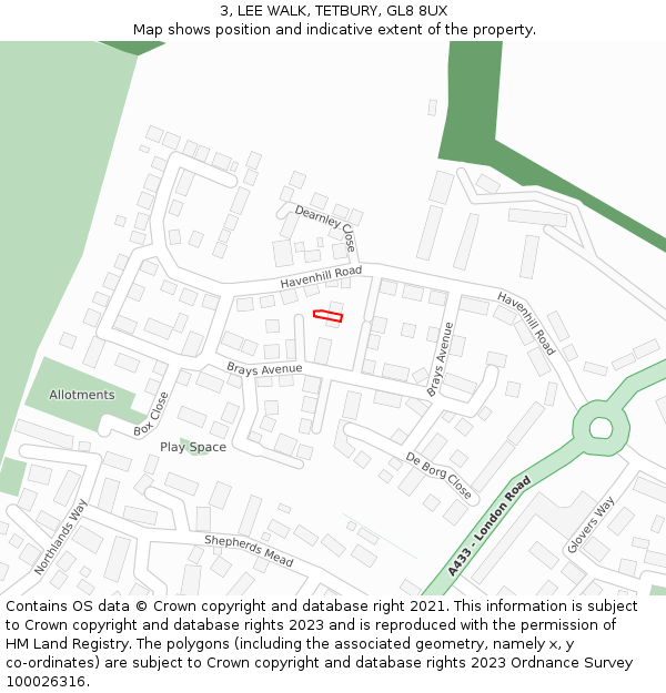 3, LEE WALK, TETBURY, GL8 8UX: Location map and indicative extent of plot