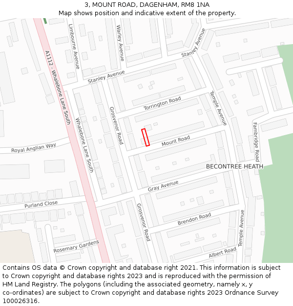 3, MOUNT ROAD, DAGENHAM, RM8 1NA: Location map and indicative extent of plot