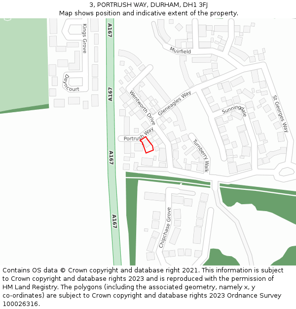 3, PORTRUSH WAY, DURHAM, DH1 3FJ: Location map and indicative extent of plot