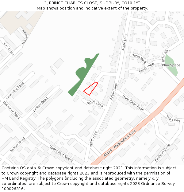 3, PRINCE CHARLES CLOSE, SUDBURY, CO10 1YT: Location map and indicative extent of plot
