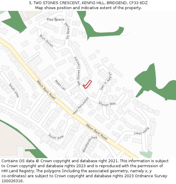 3, TWO STONES CRESCENT, KENFIG HILL, BRIDGEND, CF33 6DZ: Location map and indicative extent of plot
