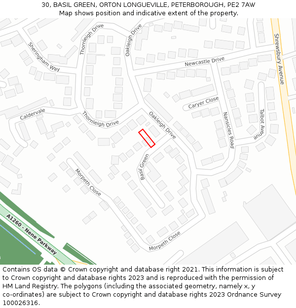 30, BASIL GREEN, ORTON LONGUEVILLE, PETERBOROUGH, PE2 7AW: Location map and indicative extent of plot