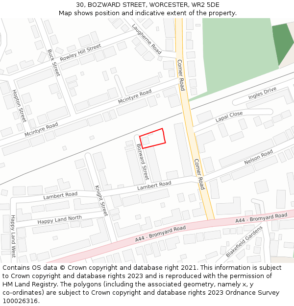30, BOZWARD STREET, WORCESTER, WR2 5DE: Location map and indicative extent of plot