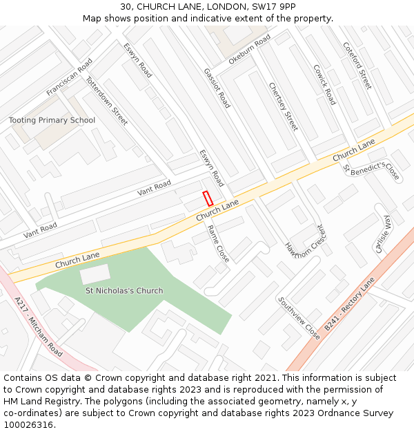 30, CHURCH LANE, LONDON, SW17 9PP: Location map and indicative extent of plot