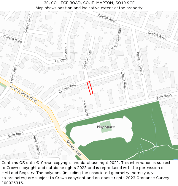 30, COLLEGE ROAD, SOUTHAMPTON, SO19 9GE: Location map and indicative extent of plot