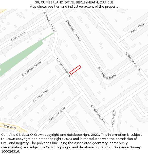 30, CUMBERLAND DRIVE, BEXLEYHEATH, DA7 5LB: Location map and indicative extent of plot